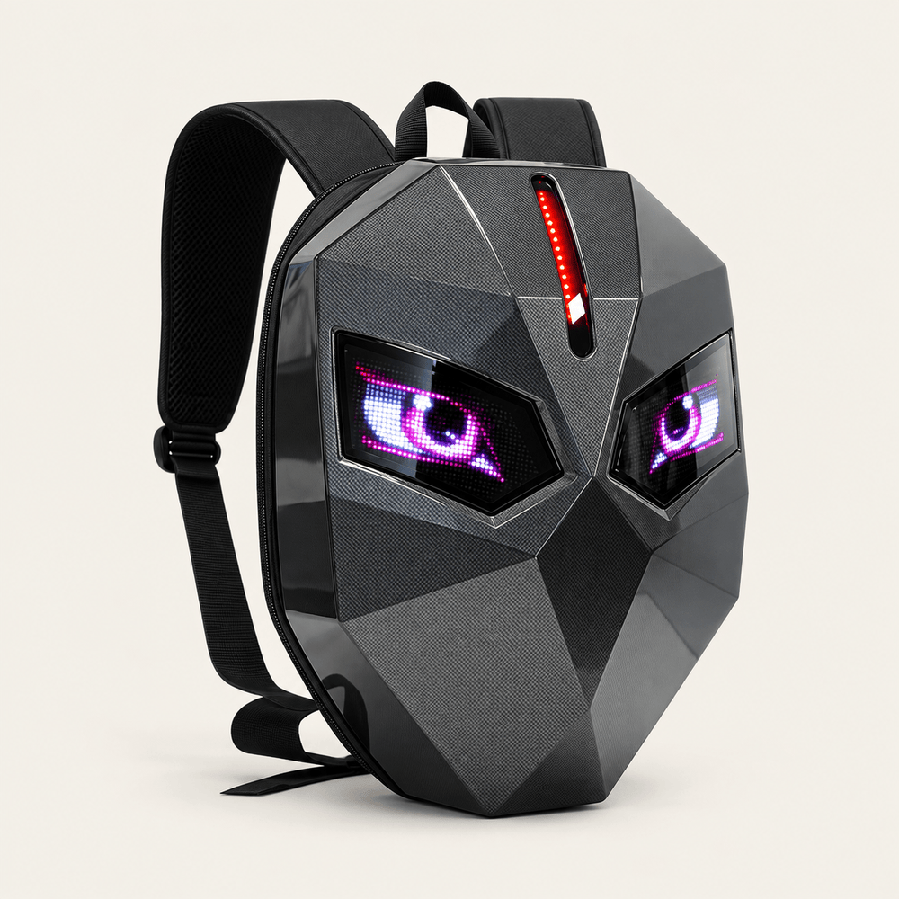 Sac à dos LED Rider gris carbone, yeux lumineux sur coque rigide